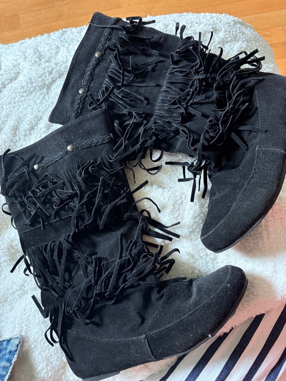 Black Fringe Suede Mid-Calf Women's Boots